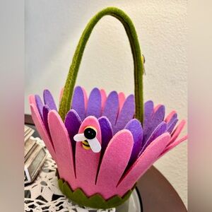Pink and Purple Felt Basket Adorned with Bumblebees